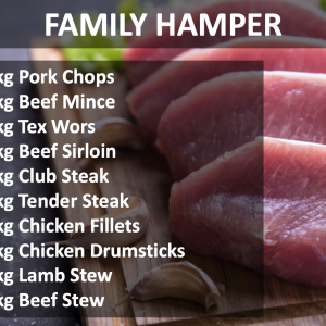 Picture of slices of meat and description of the family hamper