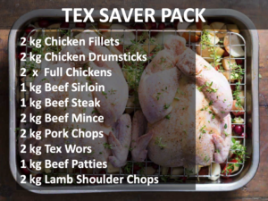 Picture of 2 whole chickens and the Tex saver pack description